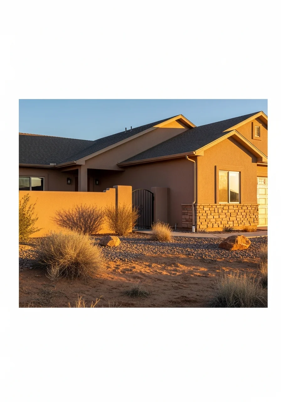 Close-up of a well-built home in Cortez with desert landscaping and clear sky overhead.