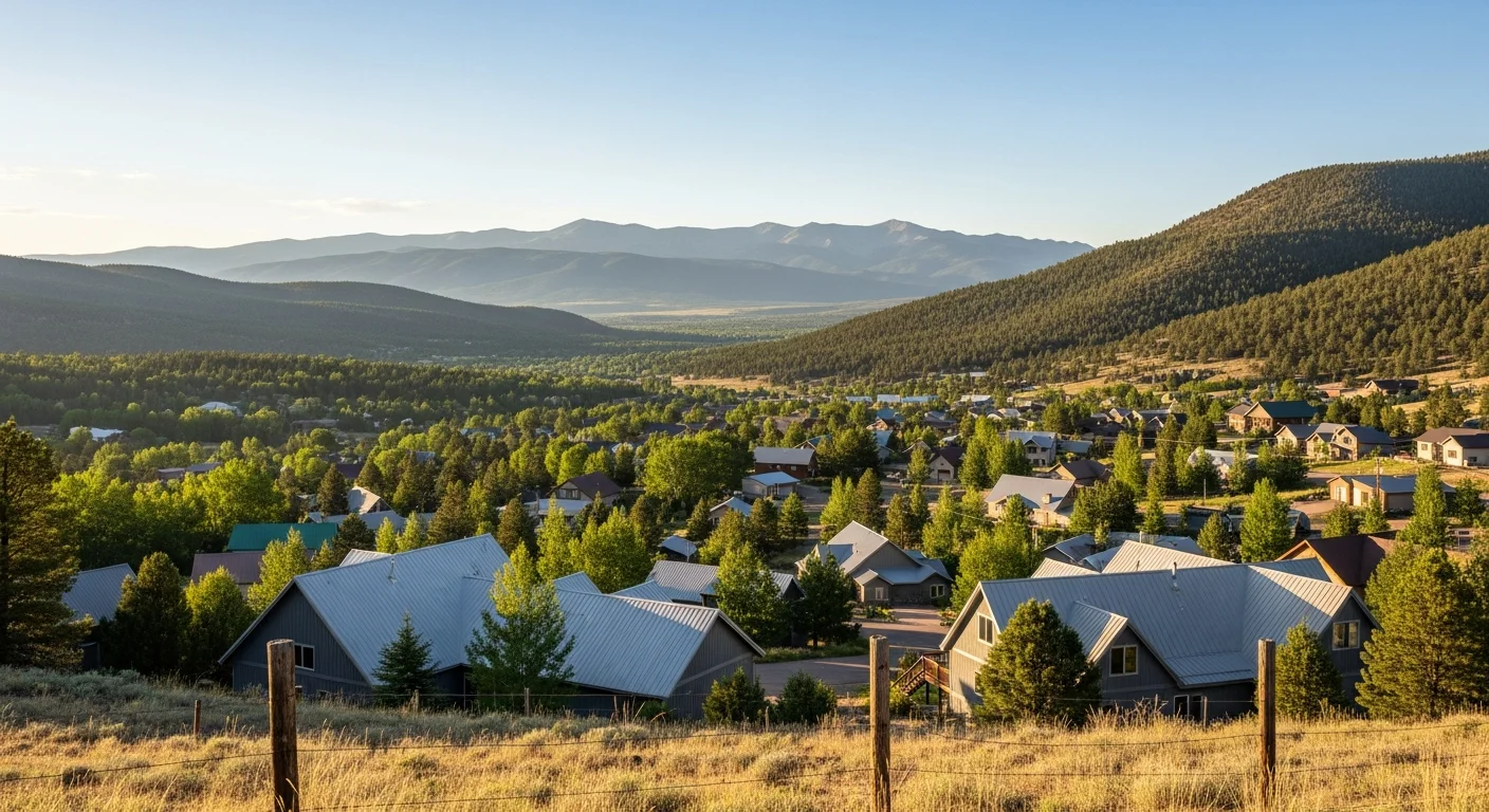 Wide view of Ignacio, Colorado mountain valley with scattered homes and evergreen forest under clear sky.