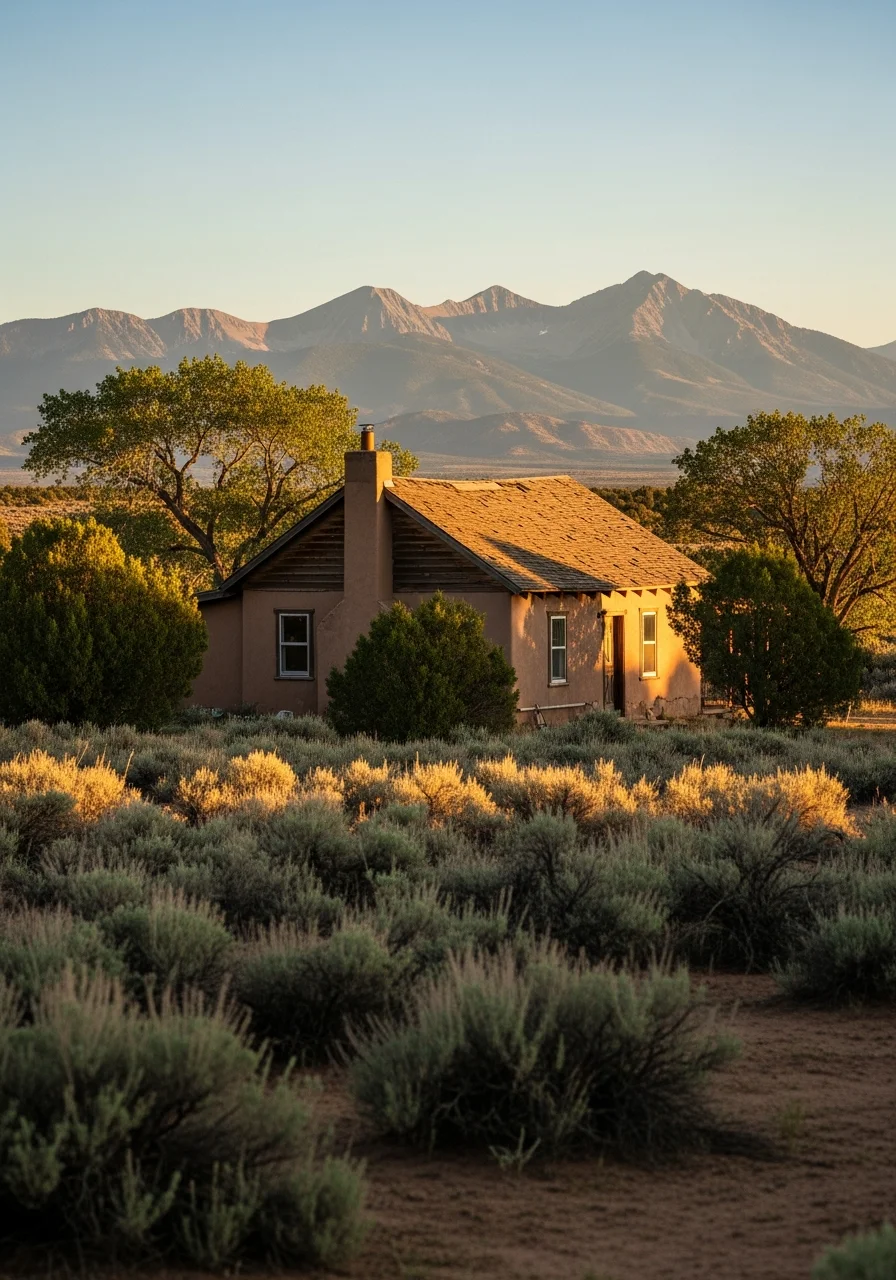 Rural home in Montezuma County with desert vegetation, mountain views, and clear sky.