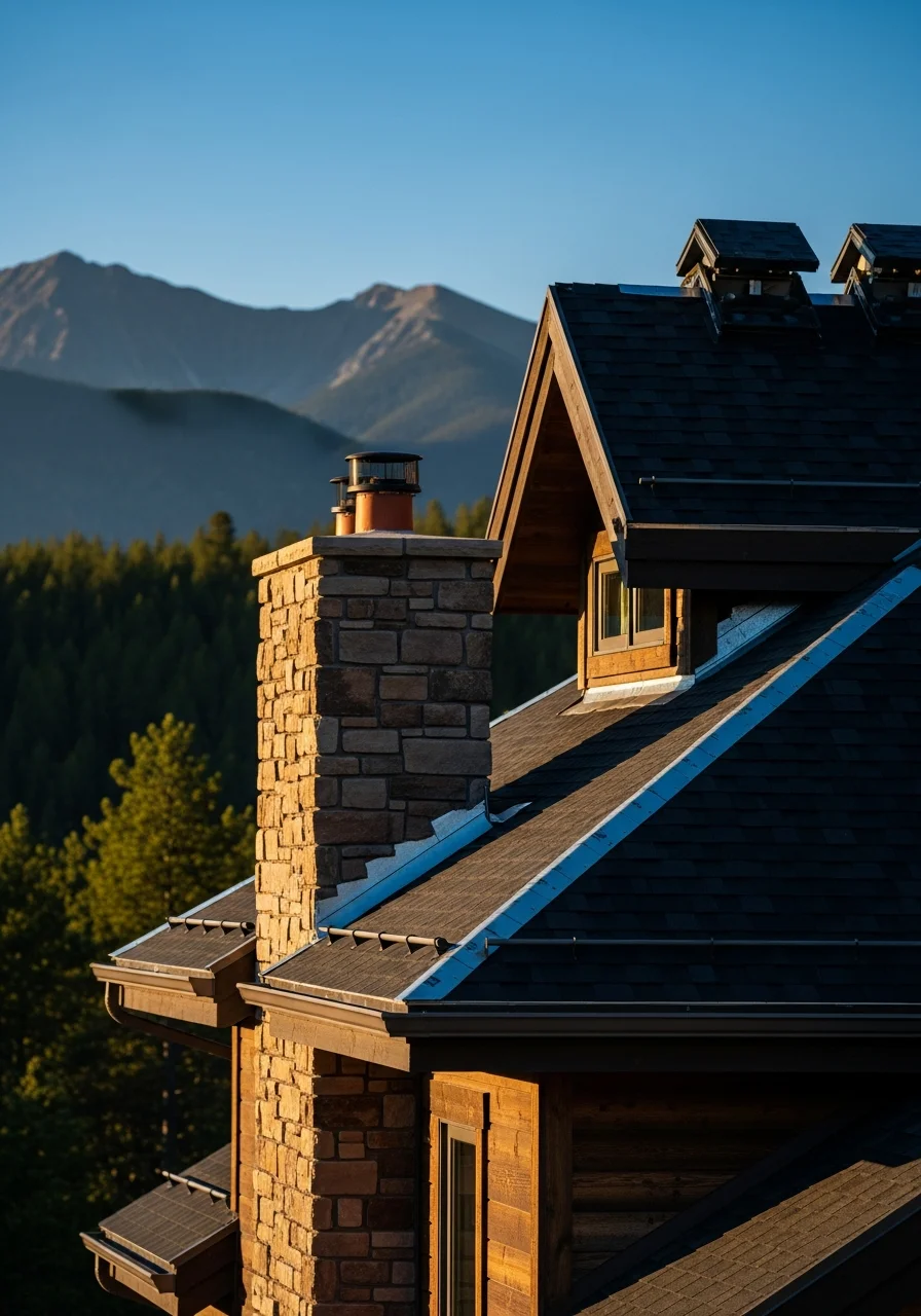 Upscale home in Pagosa Springs with mountain views, professional landscaping, and clear alpine sky.