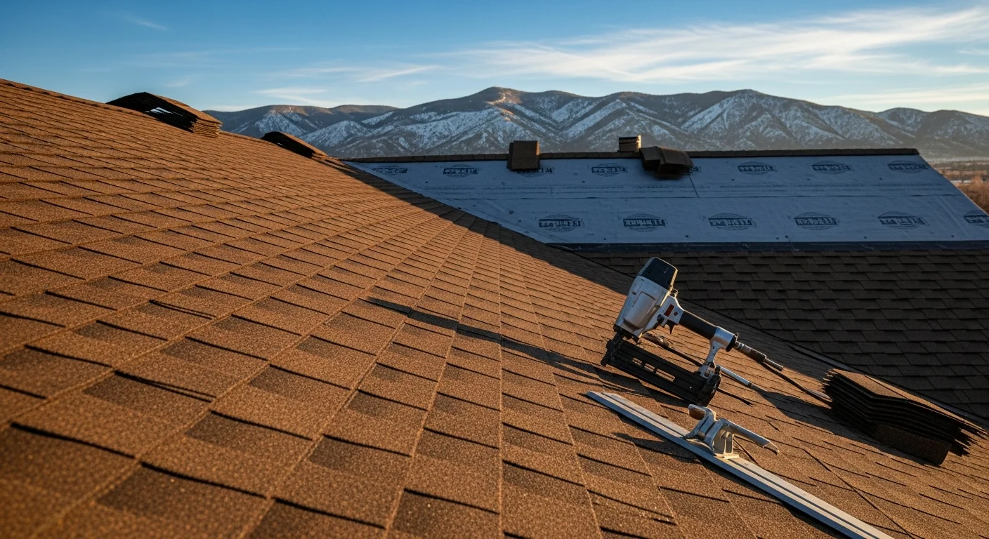 Newly installed asphalt shingles covering the pitched roof of a single-family home in Ignacio, Colorado. Ridge cap shingles are visible along the peak with the La Plata Mountain landscape in the background.