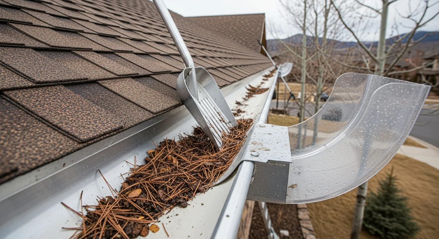 A Diversified Roofing crew member removing packed leaf and debris buildup from a residential gutter on a single-story home in Ignacio, Colorado. The cleaned gutter section shows clear, open channels ready to drain snowmelt and rain away from the roofline.