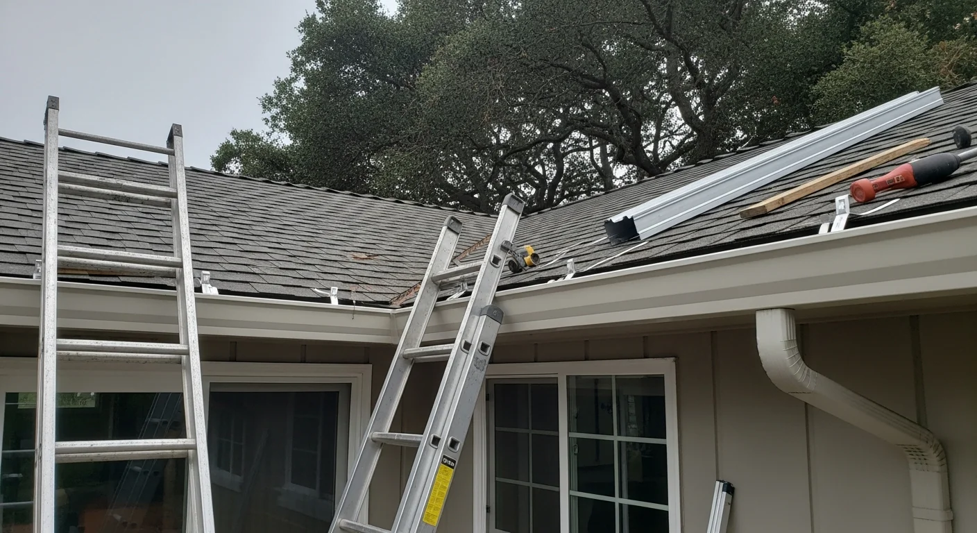 Newly installed gutters running along the roofline of a single-family home in Ignacio, with downspouts positioned to direct water away from the foundation. The surrounding landscape reflects a typical Marin County residential street with mature trees and a sloped yard.