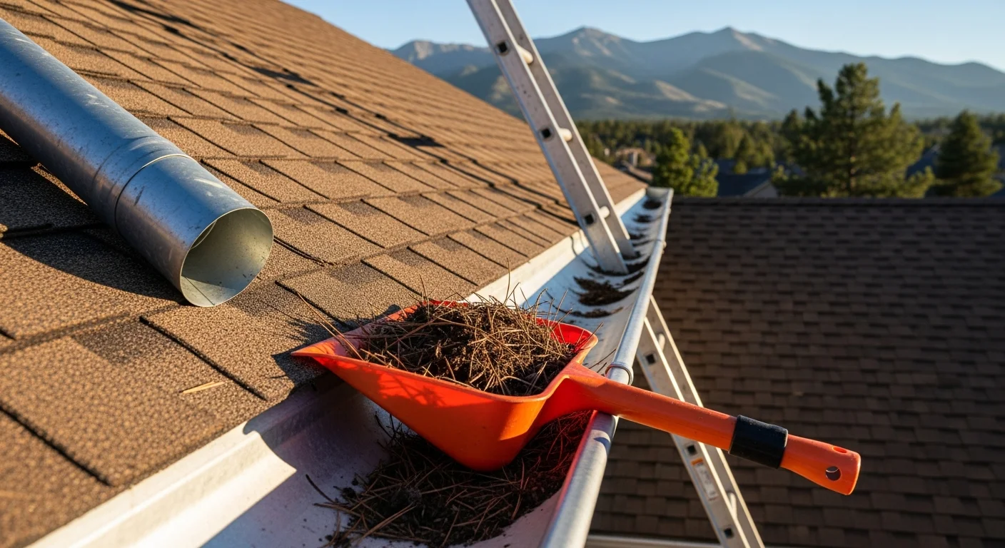 A Diversified Roofing technician clearing debris from a residential gutter on a single-story home in Ignacio, Colorado, with the La Plata Mountains visible in the background. The downspout is flushed and water flows cleanly away from the foundation.