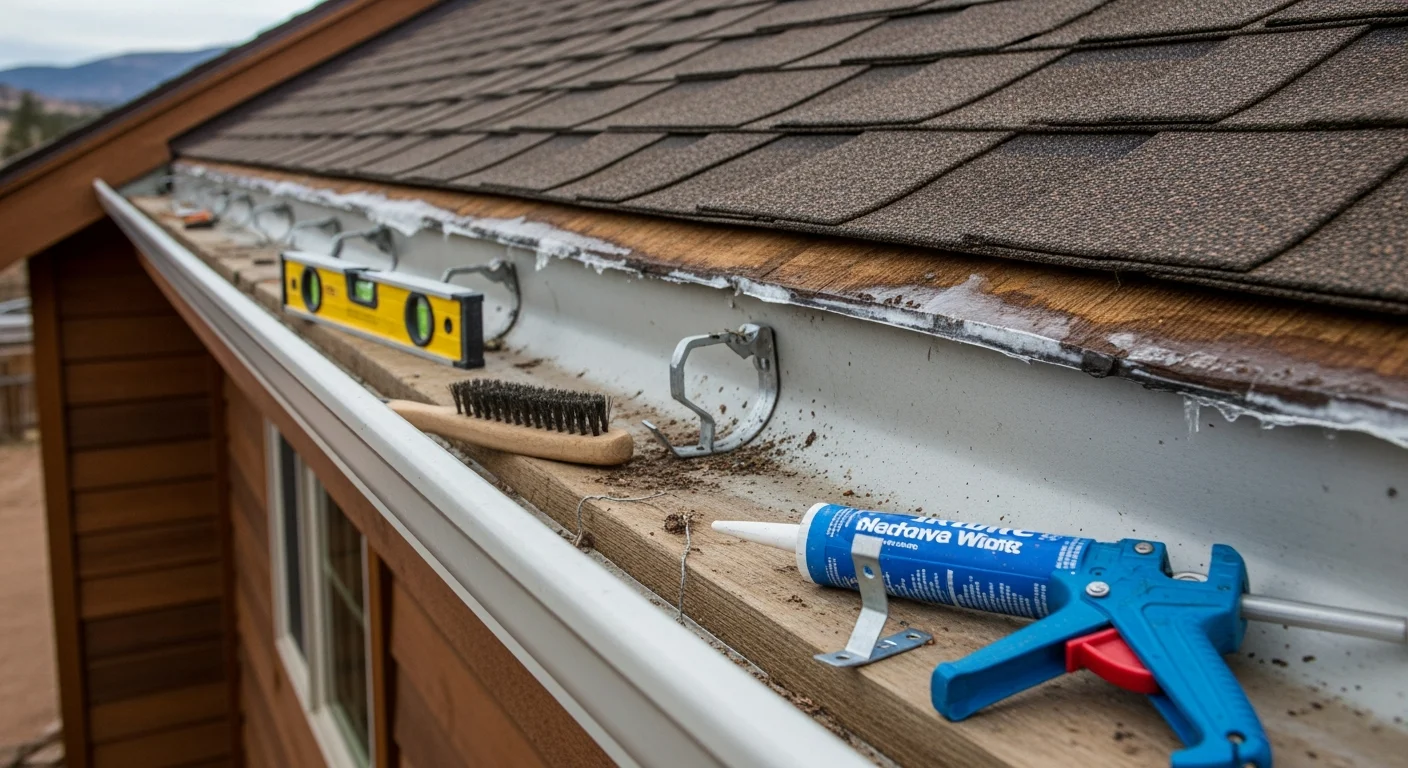 A Diversified Roofing technician resealing a leaking gutter joint on a single-story home in Ignacio, Colorado, with the La Plata Mountains visible in the background. Close-up view shows the repaired seam and properly pitched gutter channel running along the roofline.