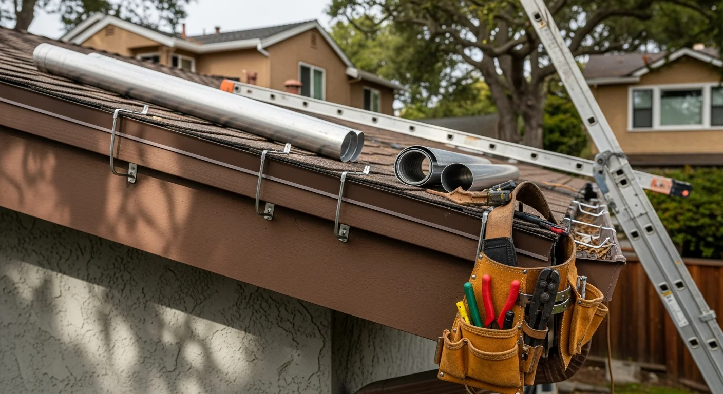 New gutters installed along the roofline of a single-family home in Ignacio, California, with clean downspouts directing water away from the foundation. The surrounding landscape shows mature trees typical of Marin County neighborhoods.