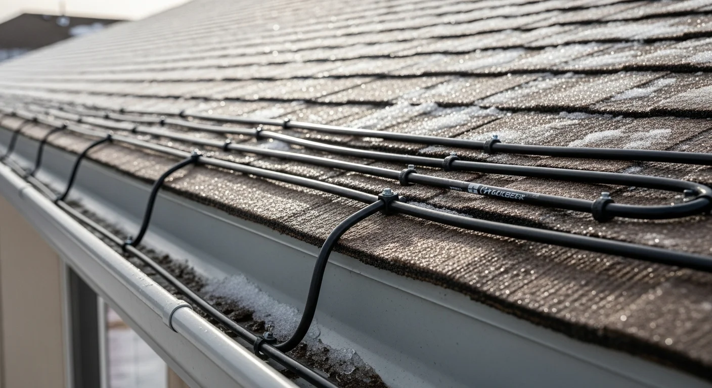 Heat cable installed in a zigzag pattern along the snow-covered roof edge and gutters of a residential home in Ignacio, Colorado. Ice melt channels are visible along the eave line where the cable keeps drainage open during winter.