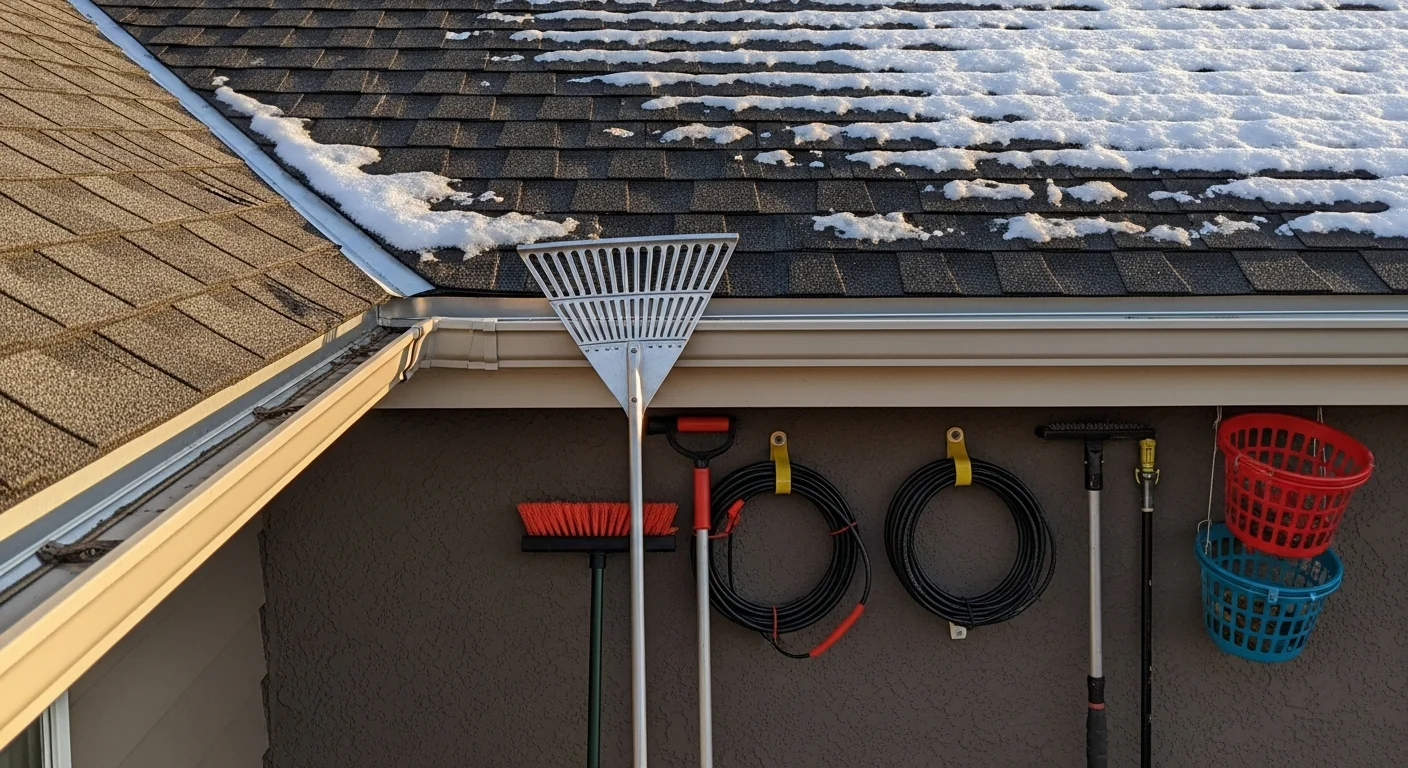 A residential roofline in Ignacio, Colorado with clean, debris-free gutters and no ice buildup along the eaves after a winter snowfall. A Diversified Roofing crew member clears snow from the roof edge to prevent ice dam formation.