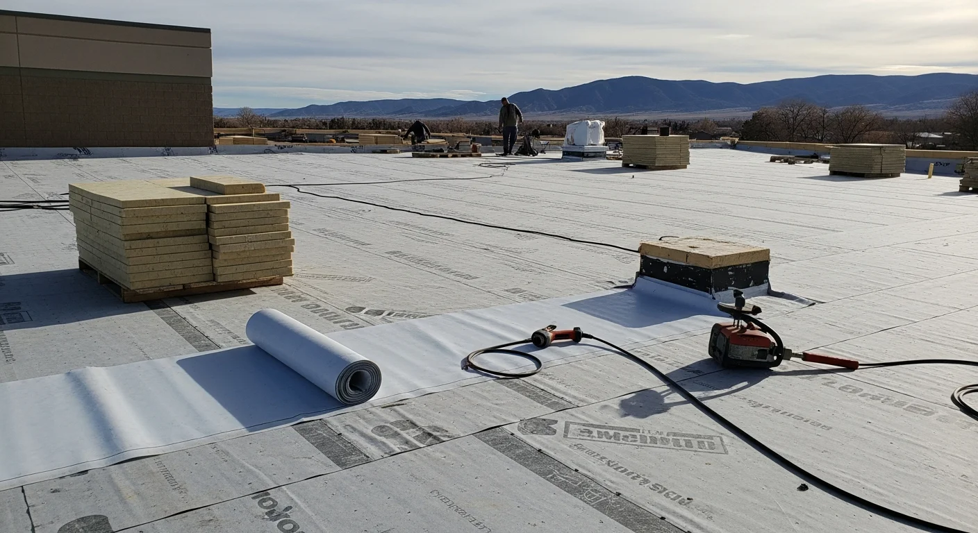 A completed low-slope roofing installation on a commercial property in Ignacio, Colorado, showing a smooth membrane surface with finished edge flashing and a roof drain. Southwest Colorado terrain is visible in the background.