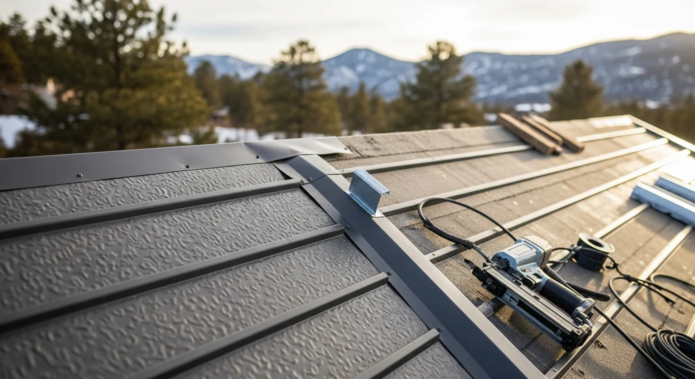 Completed metal roofing installation on a residential home in Ignacio, Colorado, with standing seam panels visible against a clear southwestern Colorado sky. Snow-ready roof surface shown on a single-story home typical of the La Plata County area.