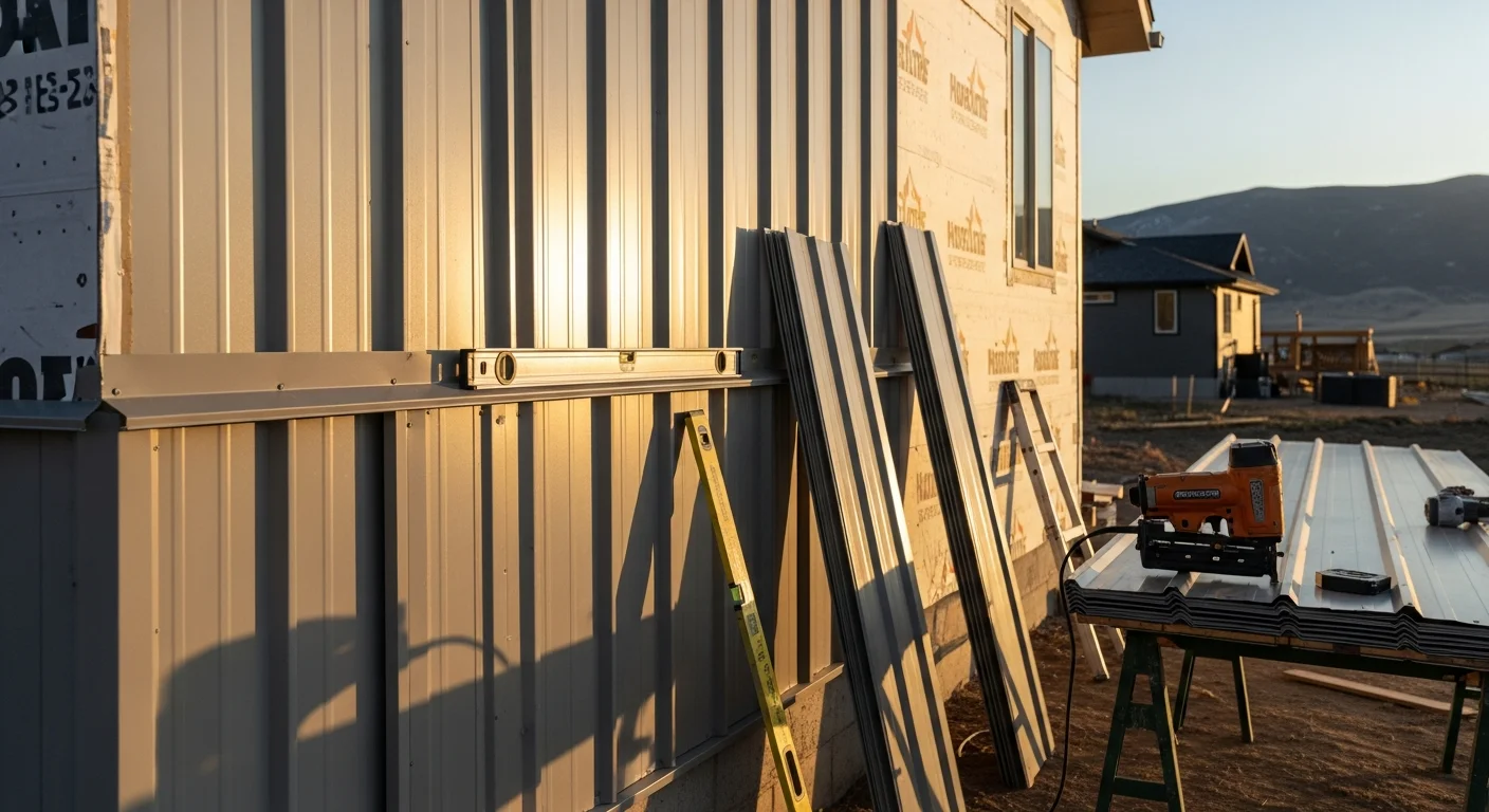 Freshly installed metal siding panels on a single-story residential home in Ignacio, Colorado, showing tight panel seams and clean trim lines against a clear southwestern sky. Close view highlights the panel profile and finished corner detail on the home's front exterior wall.