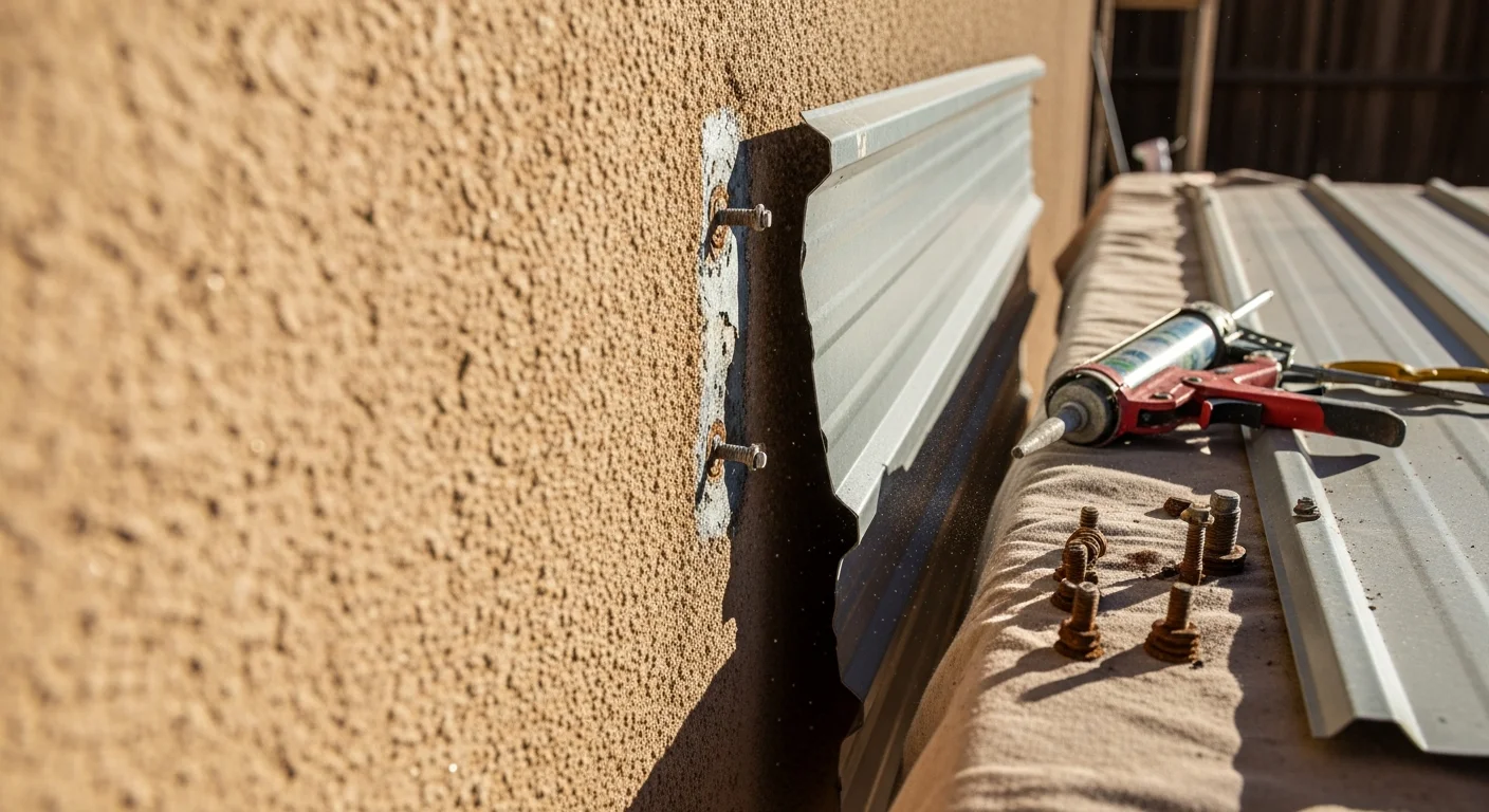 Close-up of repaired metal siding panels on a residential property in Ignacio, Colorado, showing restored panel seams and uniform surface coating. A siding contractor inspects the finished repair along the lower wall section of the home.