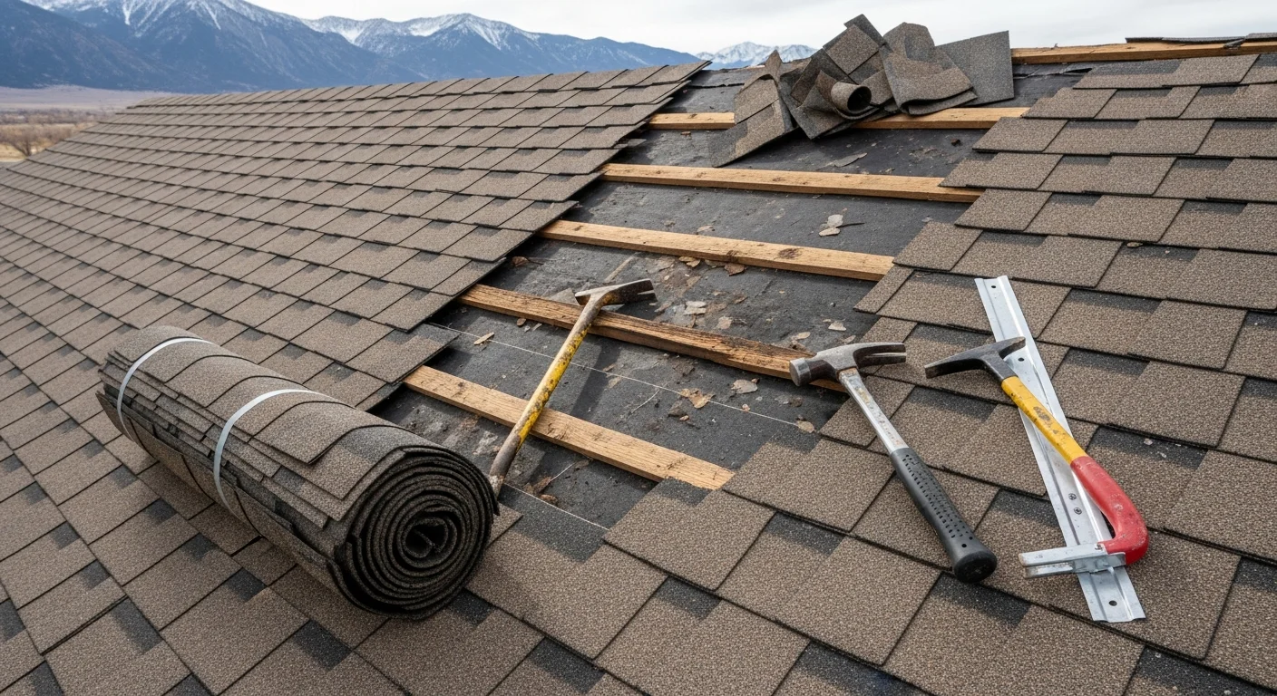 A roofing contractor repairing storm-damaged shingles on a single-family home in Ignacio, Colorado, with the La Plata Mountains visible in the background. Close-up view shows replaced flashing and new shingles along the roof edge after hail and wind damage.