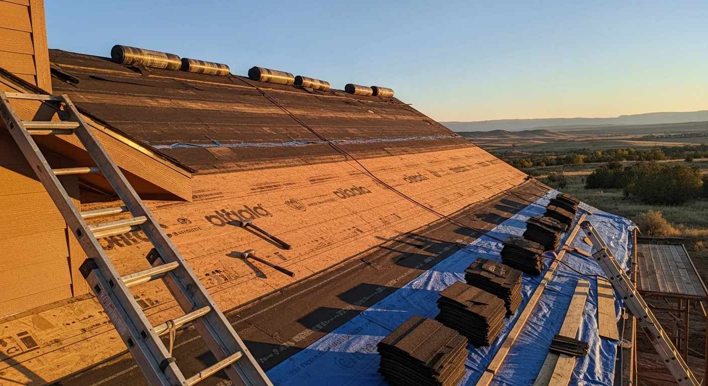 A completed roof replacement on a single-family home in Ignacio, Colorado, showing new roofing installed across the full slope with clean ridge lines and no visible damage. The La Plata County landscape is visible in the background.