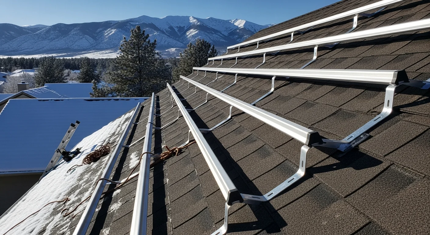 A snow bar system installed horizontally across a residential roof in Ignacio, Colorado, holding accumulated snow in place above the gutterline. Close view shows the continuous metal bar mounted flush against the roof surface with snow retained evenly behind it.